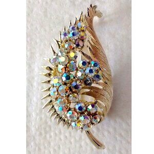 Vintage Coro Signed Brooch Pin AB Rhinestones Goldtone Metal Mid-Century